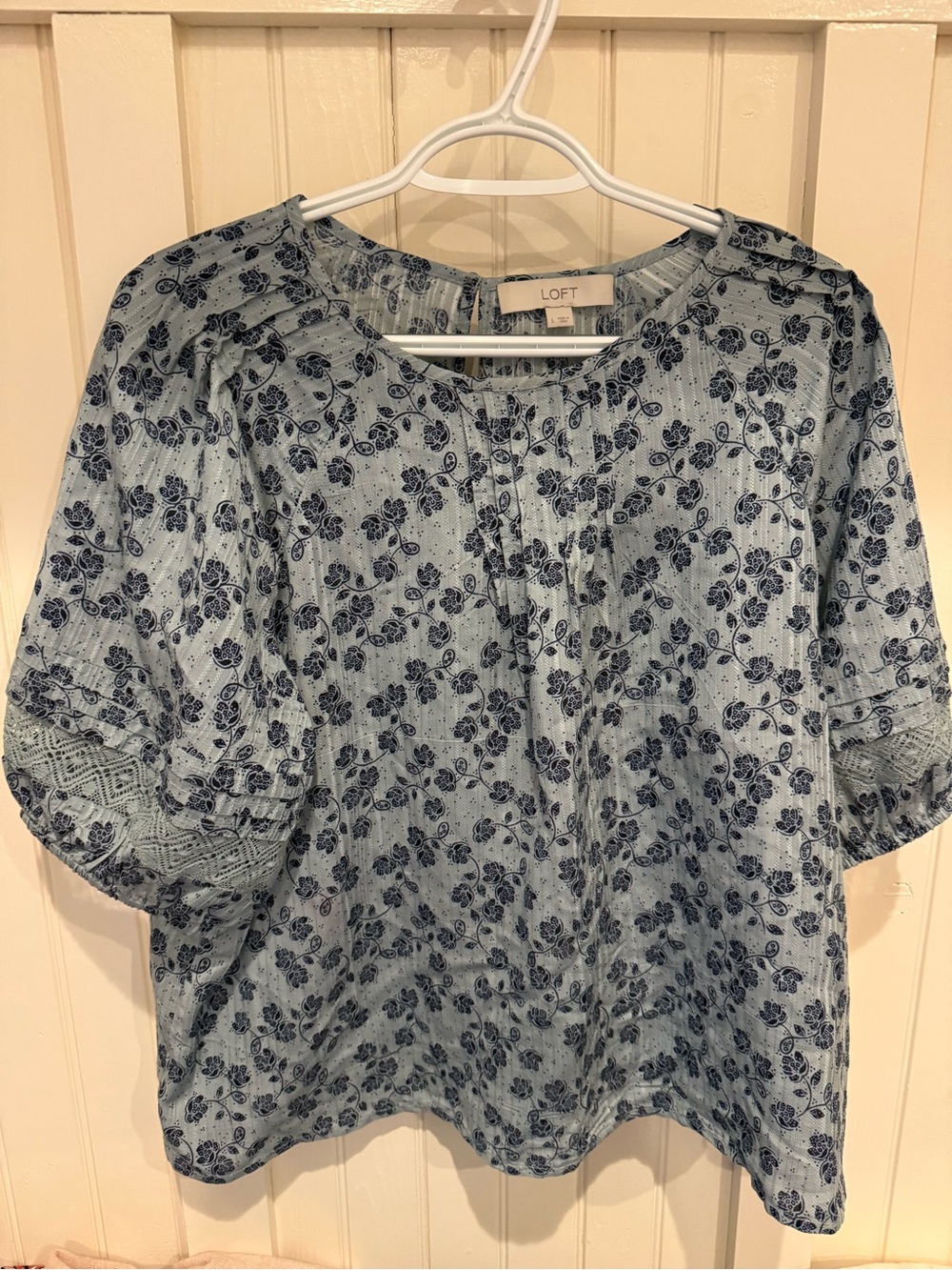 LOFT Light Blue Navy Floral Pintuck Blouse
